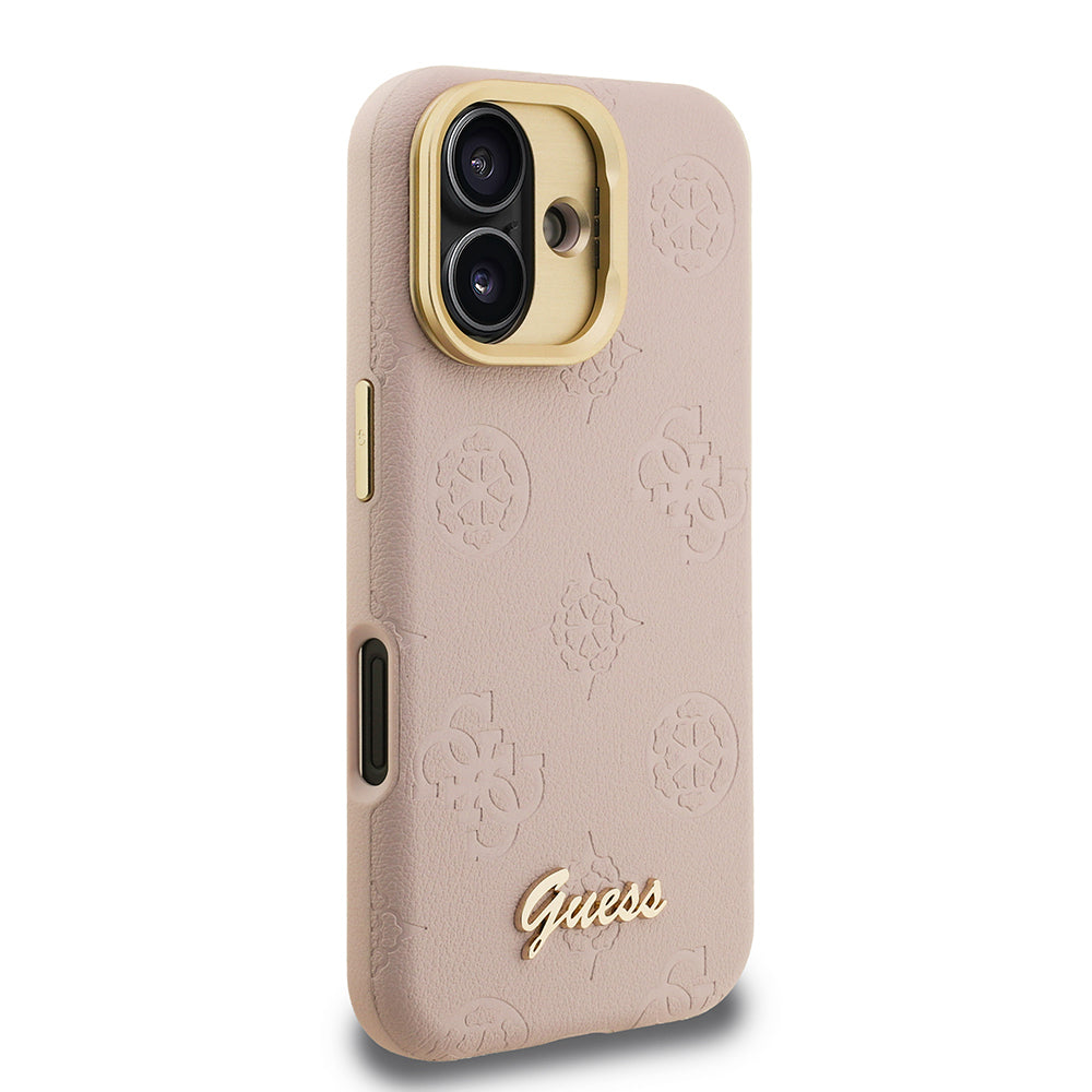 Guess iPhone 16 Orjinal Lisanslı Magsafe Sıcak Baskılı Yazı Logolu Kamera Standlı PU Deri Peony Telefon Kılıfı