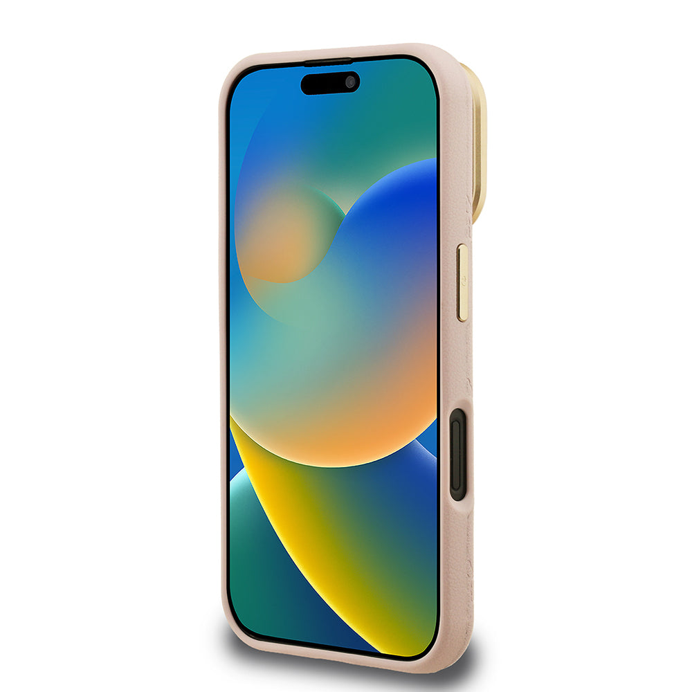 Guess iPhone 16 Orjinal Lisanslı Magsafe Sıcak Baskılı Yazı Logolu Kamera Standlı PU Deri Peony Telefon Kılıfı
