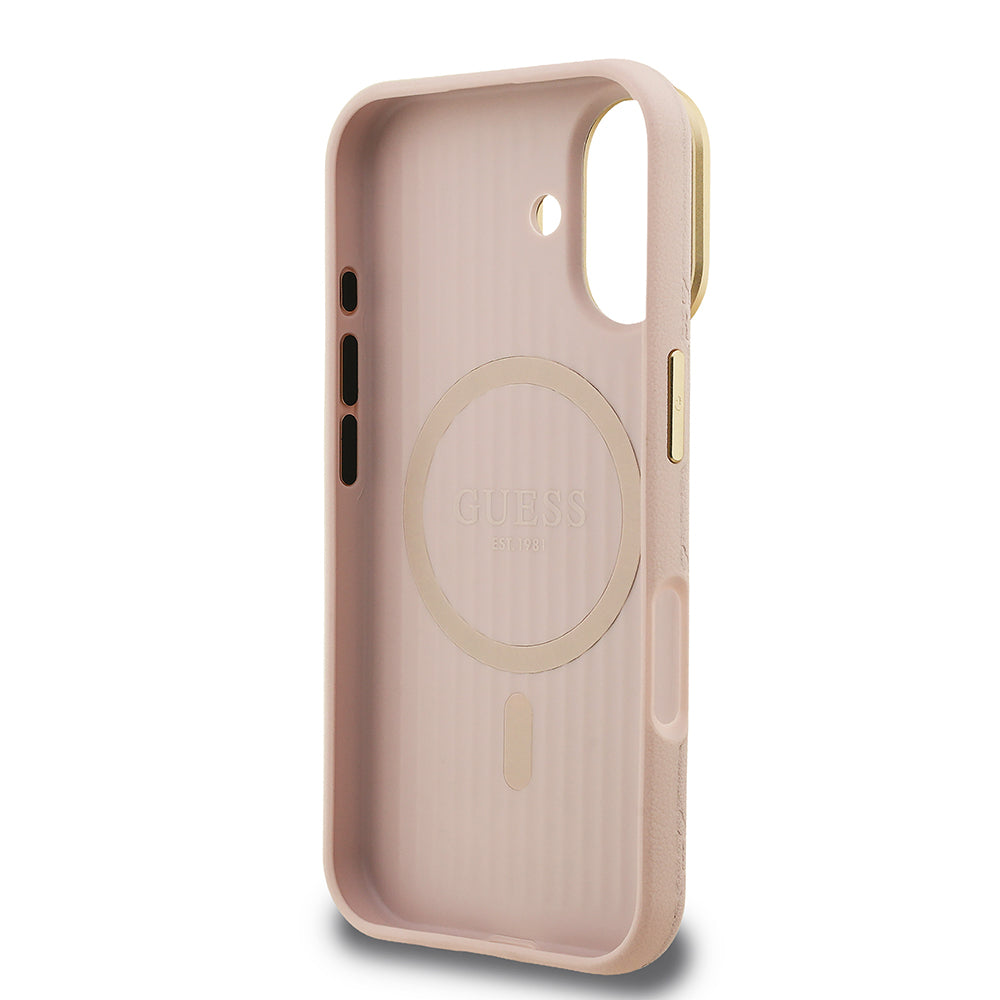 Guess iPhone 16 Orjinal Lisanslı Magsafe Sıcak Baskılı Yazı Logolu Kamera Standlı PU Deri Peony Telefon Kılıfı