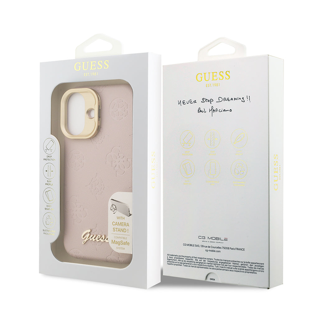 Guess iPhone 16 Orjinal Lisanslı Magsafe Sıcak Baskılı Yazı Logolu Kamera Standlı PU Deri Peony Telefon Kılıfı