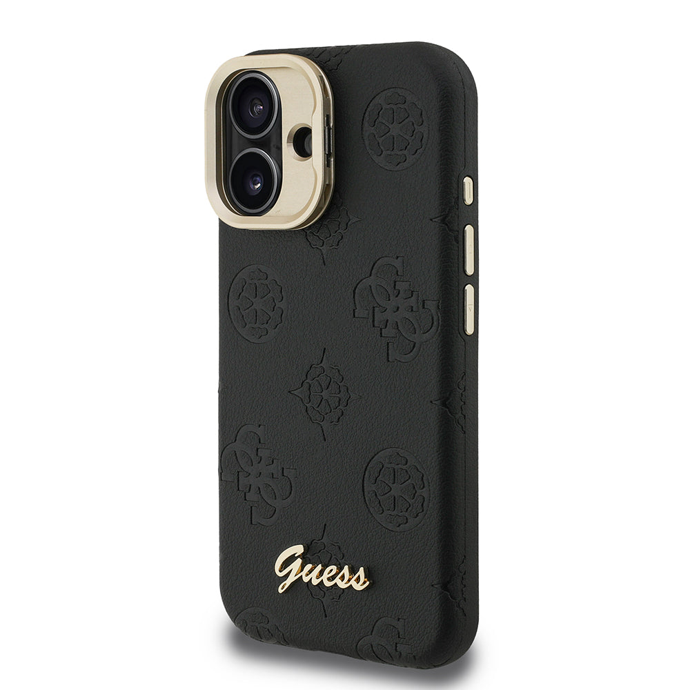 Guess iPhone 16 Orjinal Lisanslı Magsafe Sıcak Baskılı Yazı Logolu Kamera Standlı PU Deri Peony Telefon Kılıfı