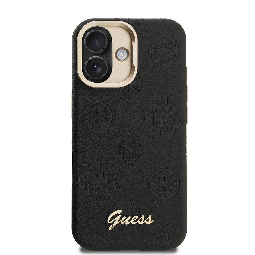Guess iPhone 16 Orjinal Lisanslı Magsafe Sıcak Baskılı Yazı Logolu Kamera Standlı PU Deri Peony Telefon Kılıfı
