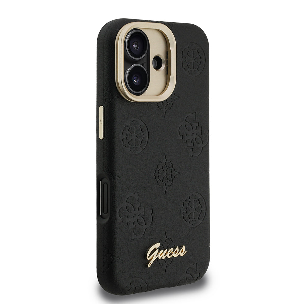 Guess iPhone 16 Orjinal Lisanslı Magsafe Sıcak Baskılı Yazı Logolu Kamera Standlı PU Deri Peony Telefon Kılıfı
