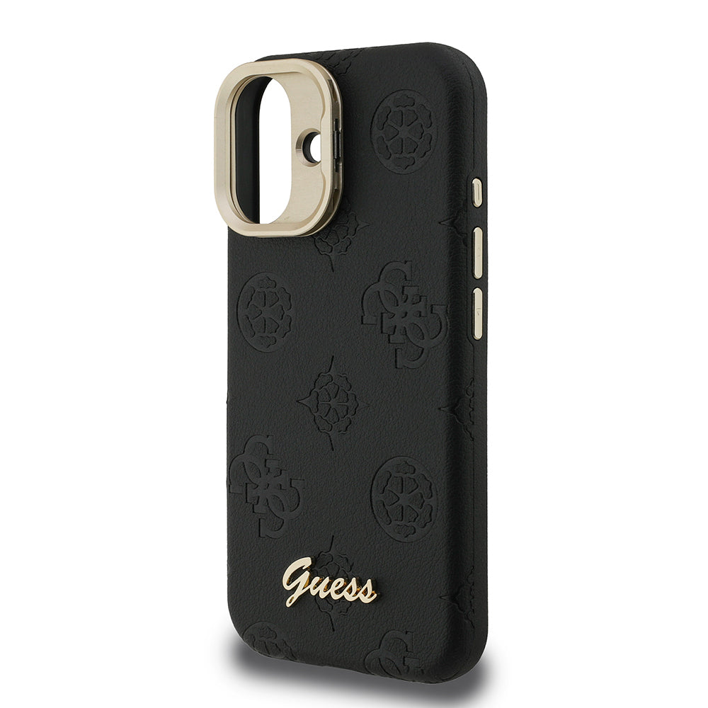 Guess iPhone 16 Orjinal Lisanslı Magsafe Sıcak Baskılı Yazı Logolu Kamera Standlı PU Deri Peony Telefon Kılıfı
