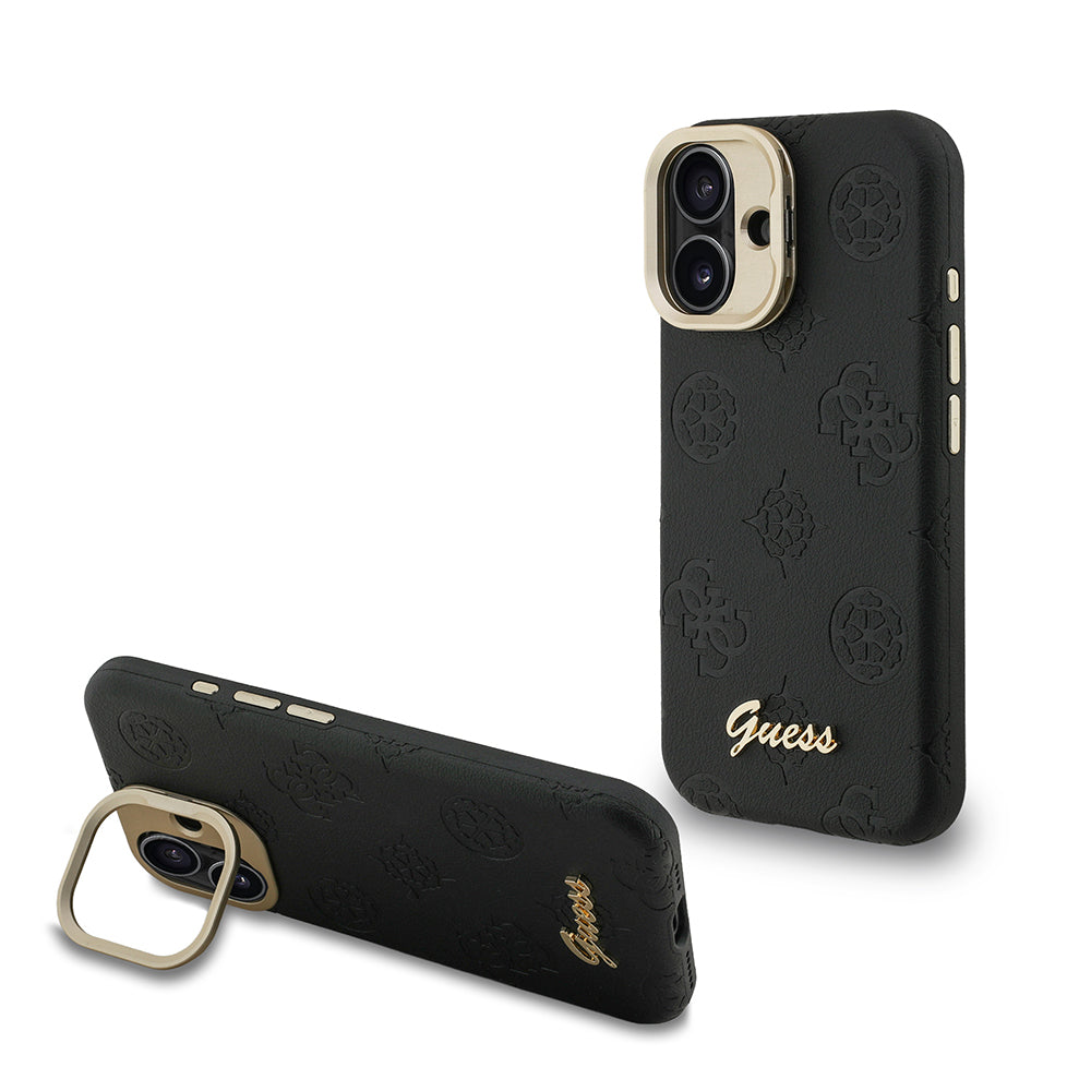 Guess iPhone 16 Orjinal Lisanslı Magsafe Sıcak Baskılı Yazı Logolu Kamera Standlı PU Deri Peony Telefon Kılıfı