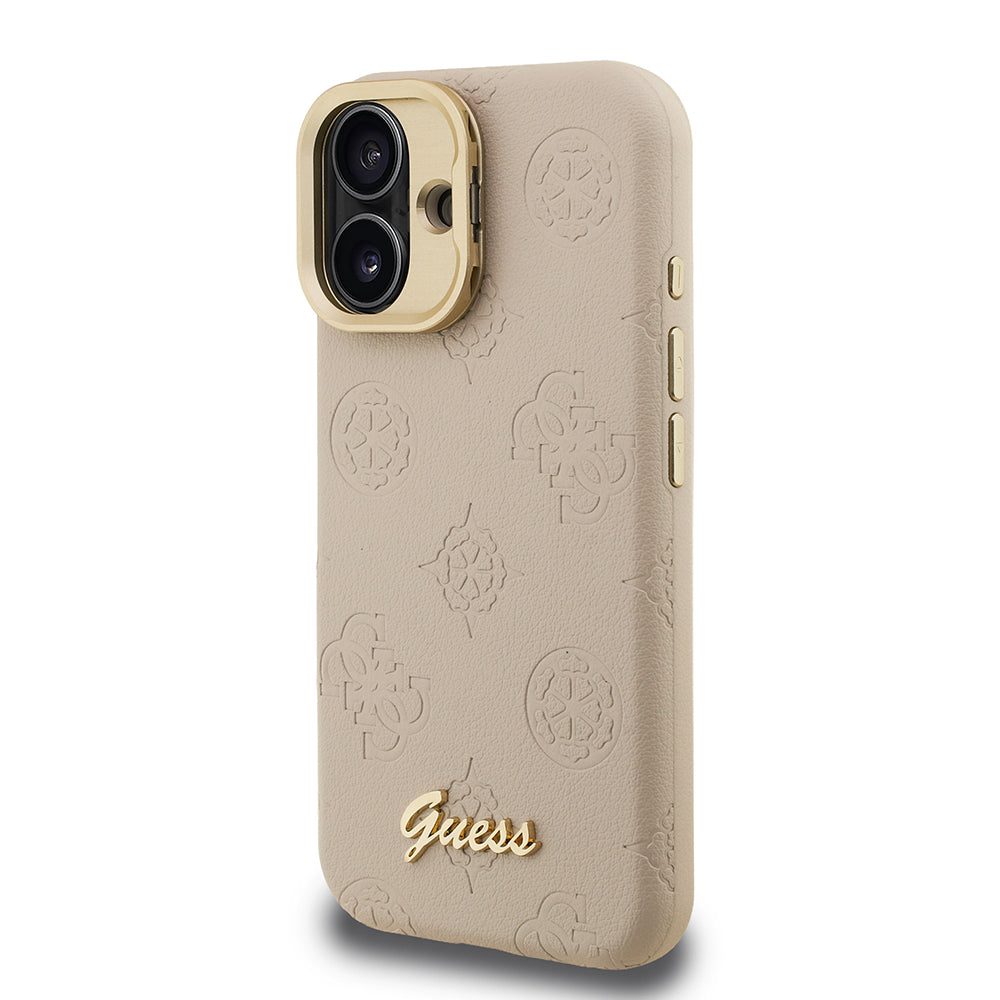 Guess iPhone 16 Orjinal Lisanslı Magsafe Sıcak Baskılı Yazı Logolu Kamera Standlı PU Deri Peony Telefon Kılıfı