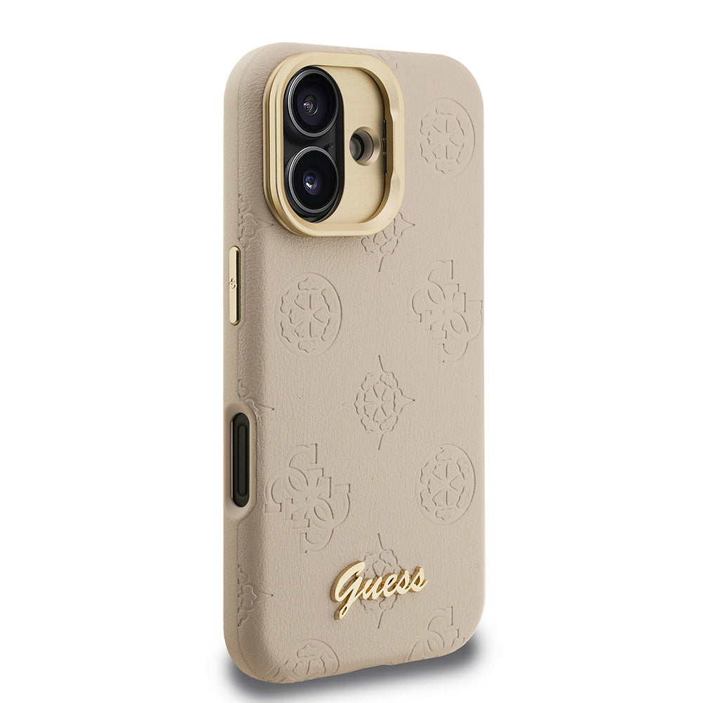 Guess iPhone 16 Orjinal Lisanslı Magsafe Sıcak Baskılı Yazı Logolu Kamera Standlı PU Deri Peony Telefon Kılıfı