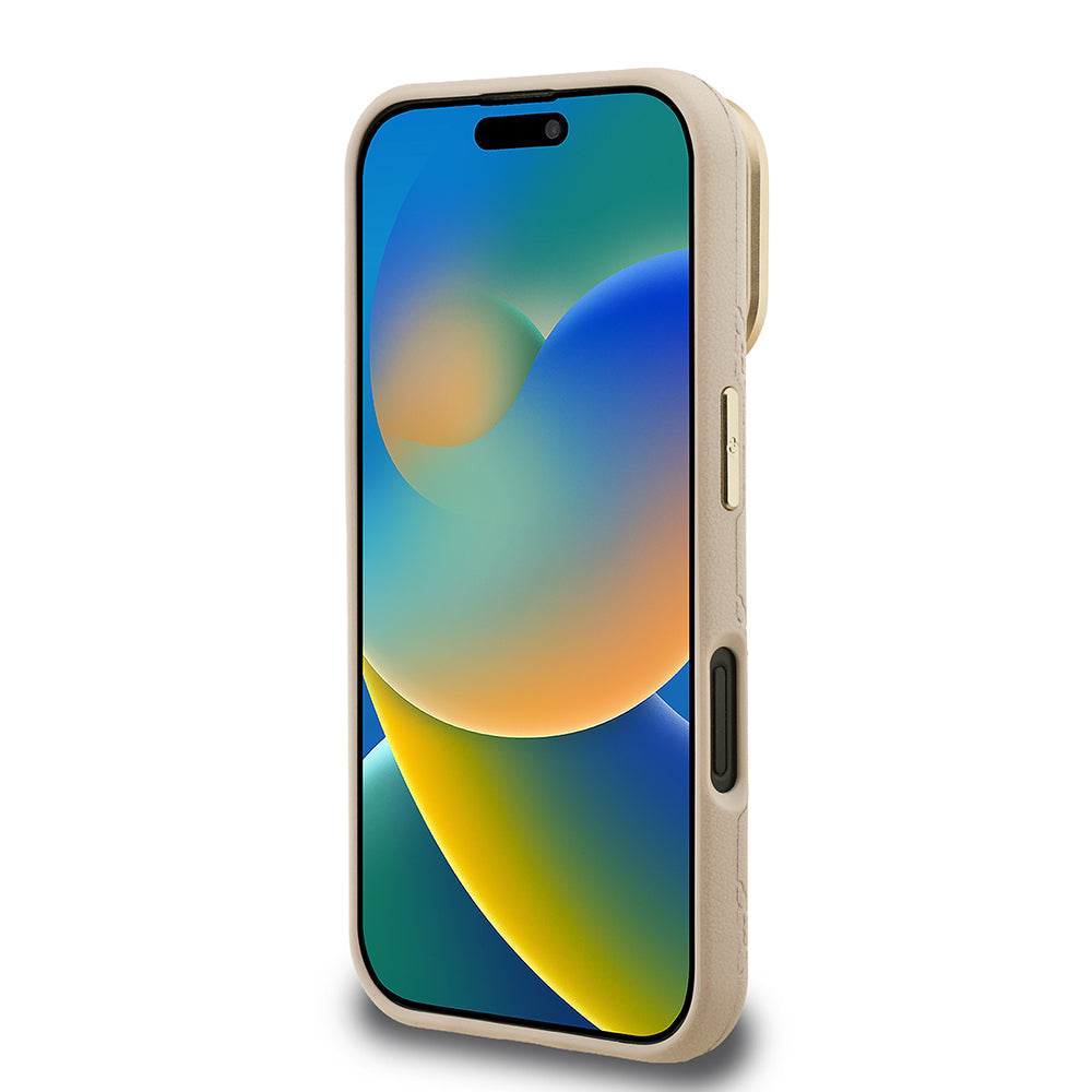Guess iPhone 16 Orjinal Lisanslı Magsafe Sıcak Baskılı Yazı Logolu Kamera Standlı PU Deri Peony Telefon Kılıfı