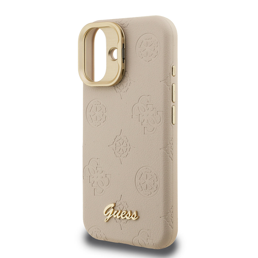 Guess iPhone 16 Orjinal Lisanslı Magsafe Sıcak Baskılı Yazı Logolu Kamera Standlı PU Deri Peony Telefon Kılıfı