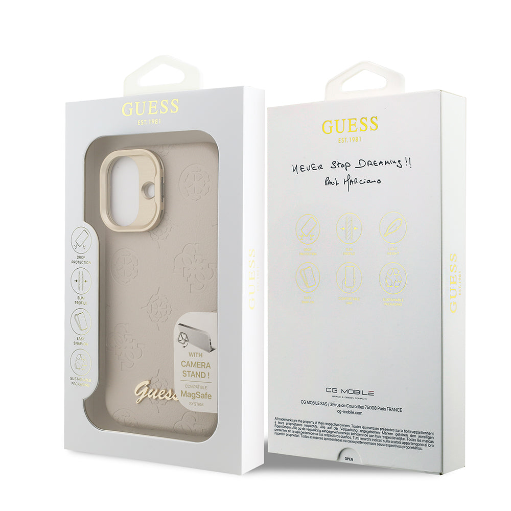 Guess iPhone 16 Orjinal Lisanslı Magsafe Sıcak Baskılı Yazı Logolu Kamera Standlı PU Deri Peony Telefon Kılıfı