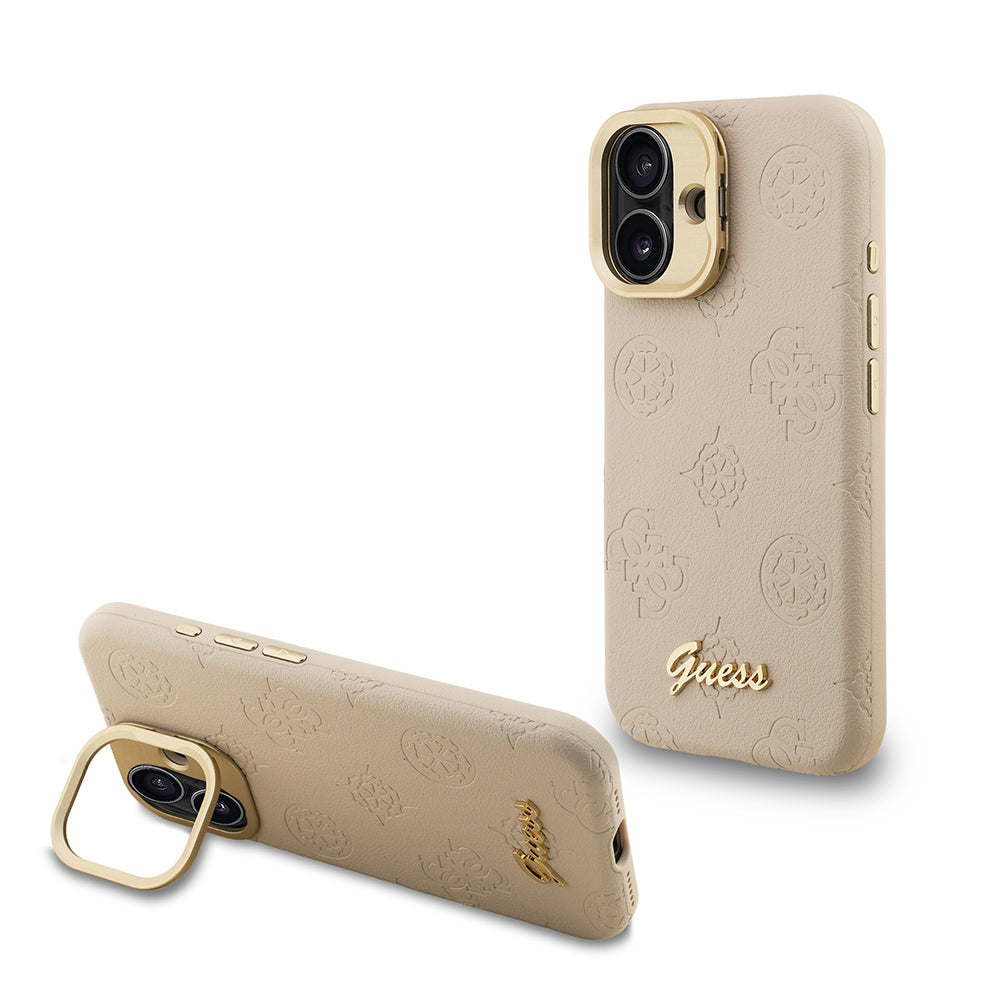 Guess iPhone 16 Orjinal Lisanslı Magsafe Sıcak Baskılı Yazı Logolu Kamera Standlı PU Deri Peony Telefon Kılıfı