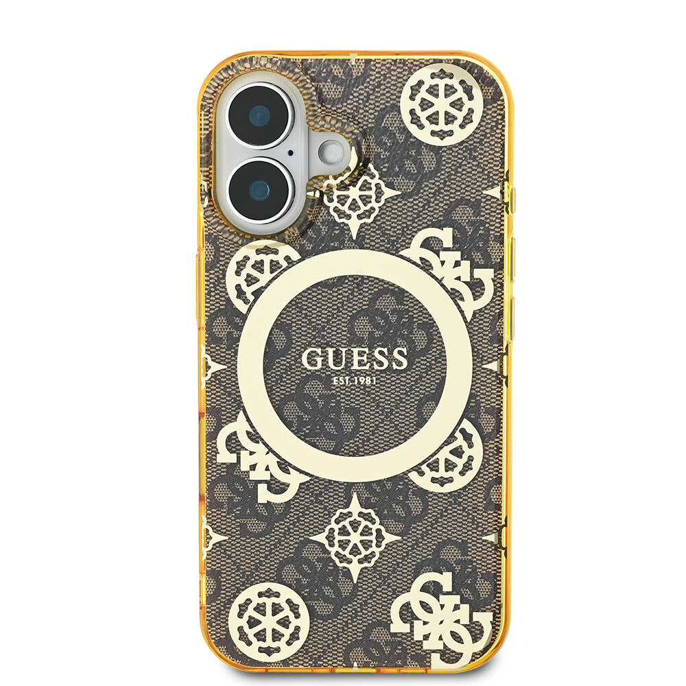 Guess iPhone 16 Kılıf Lisanslı Magsafe Şarj Özellikli 4G Desenli IML Yazı Logolu Peony Telefon Kılıfı