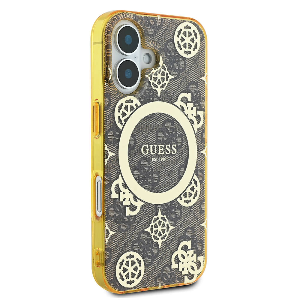 Guess iPhone 16 Kılıf Lisanslı Magsafe Şarj Özellikli 4G Desenli IML Yazı Logolu Peony Telefon Kılıfı