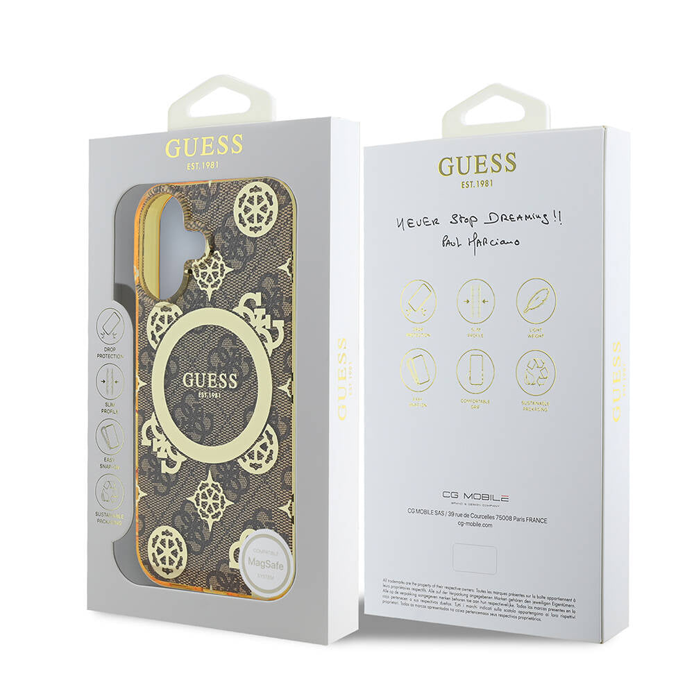 Guess iPhone 16 Kılıf Lisanslı Magsafe Şarj Özellikli 4G Desenli IML Yazı Logolu Peony Telefon Kılıfı