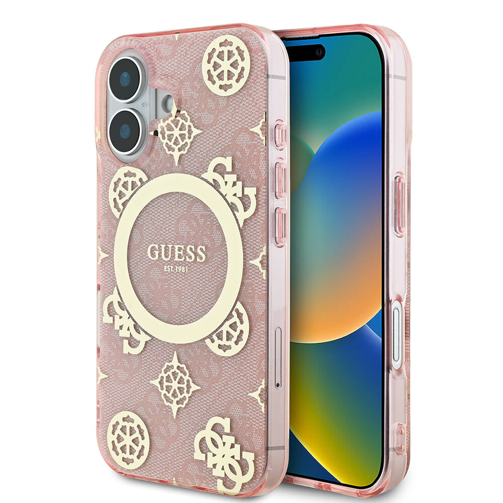 Guess iPhone 16 Kılıf Lisanslı Magsafe Şarj Özellikli 4G Desenli IML Yazı Logolu Peony Telefon Kılıfı