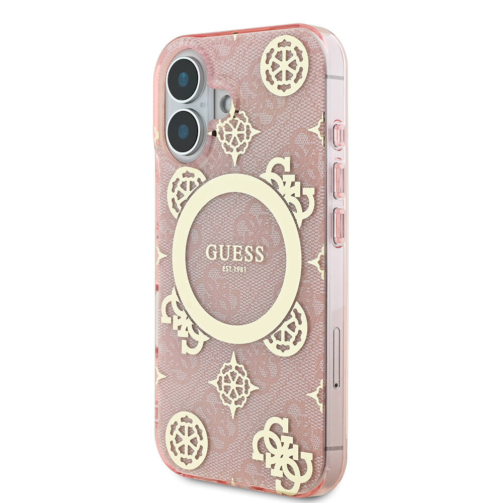 Guess iPhone 16 Kılıf Lisanslı Magsafe Şarj Özellikli 4G Desenli IML Yazı Logolu Peony Telefon Kılıfı