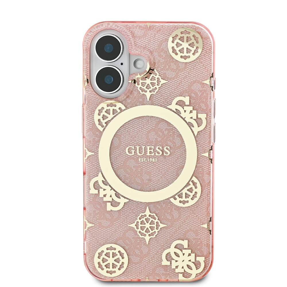 Guess iPhone 16 Kılıf Lisanslı Magsafe Şarj Özellikli 4G Desenli IML Yazı Logolu Peony Telefon Kılıfı