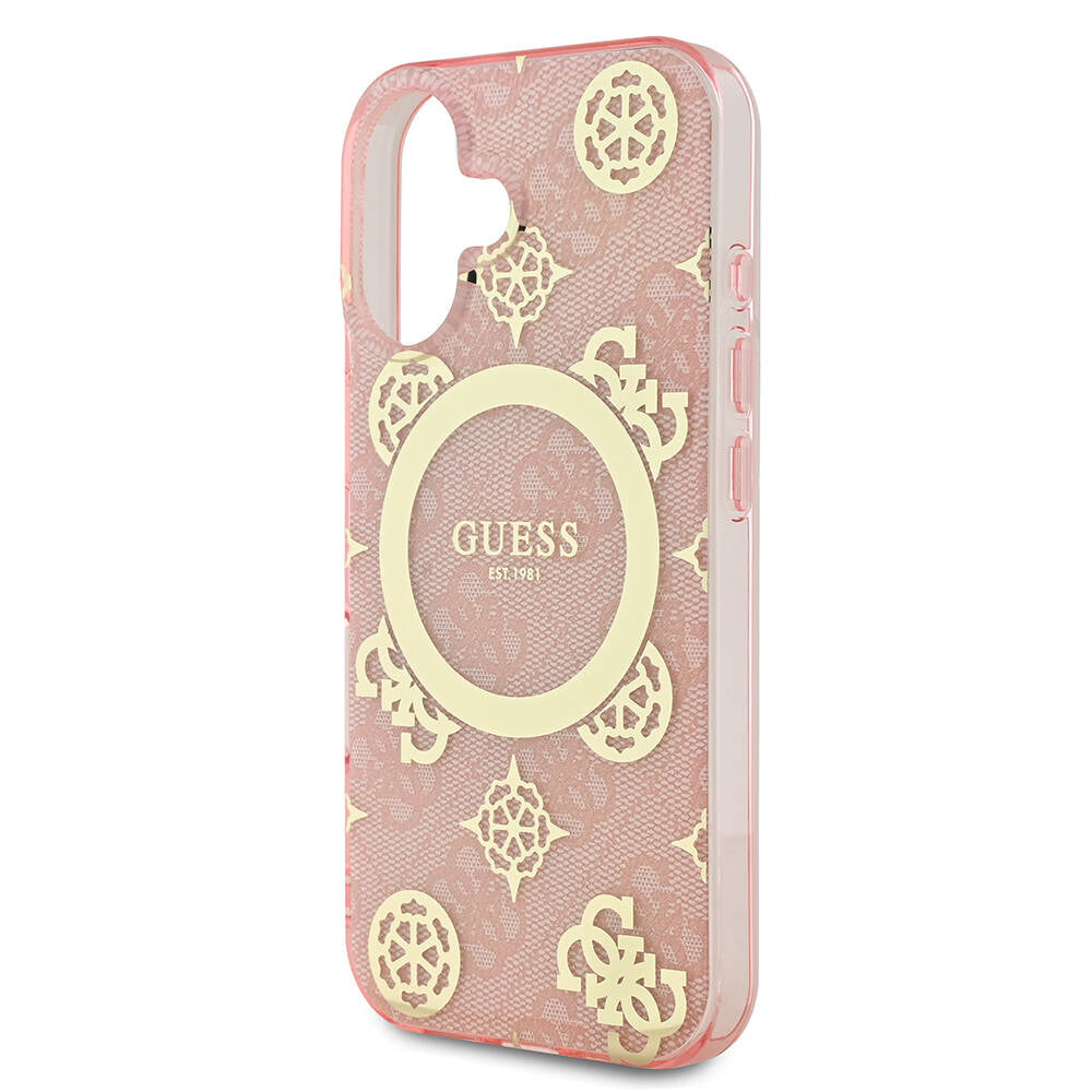 Guess iPhone 16 Kılıf Lisanslı Magsafe Şarj Özellikli 4G Desenli IML Yazı Logolu Peony Telefon Kılıfı