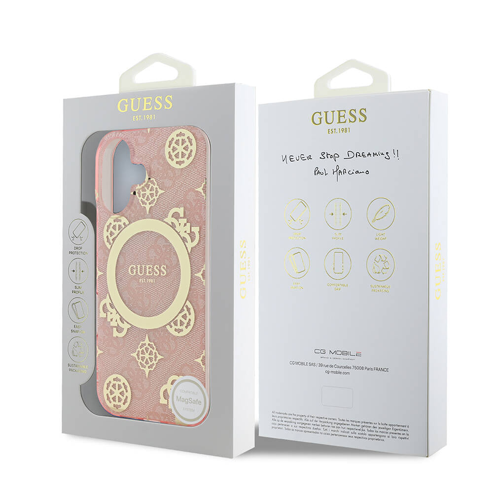 Guess iPhone 16 Kılıf Lisanslı Magsafe Şarj Özellikli 4G Desenli IML Yazı Logolu Peony Telefon Kılıfı