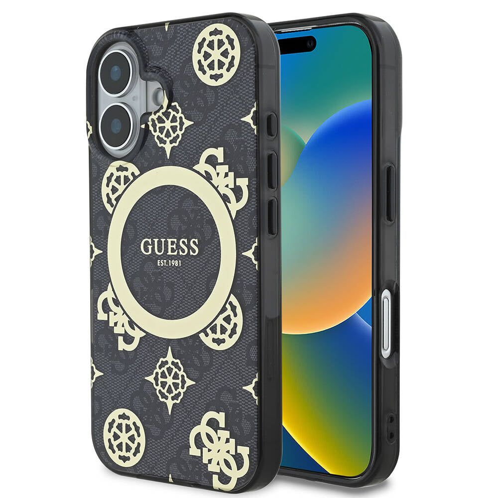 Guess iPhone 16 Kılıf Lisanslı Magsafe Şarj Özellikli 4G Desenli IML Yazı Logolu Peony Telefon Kılıfı