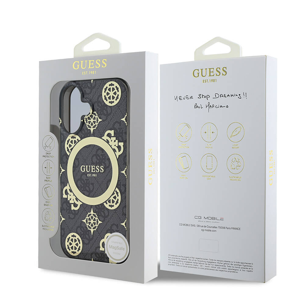 Guess iPhone 16 Kılıf Lisanslı Magsafe Şarj Özellikli 4G Desenli IML Yazı Logolu Peony Telefon Kılıfı