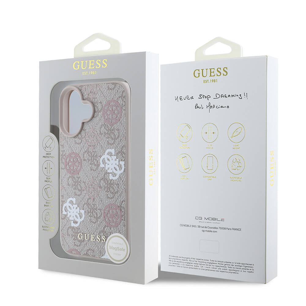 Guess iPhone 16 Orjinal Lisanslı Magsafe Şarj Özellikli 4G Desenli Yazı Logolu Peony Telefon Kılıfı