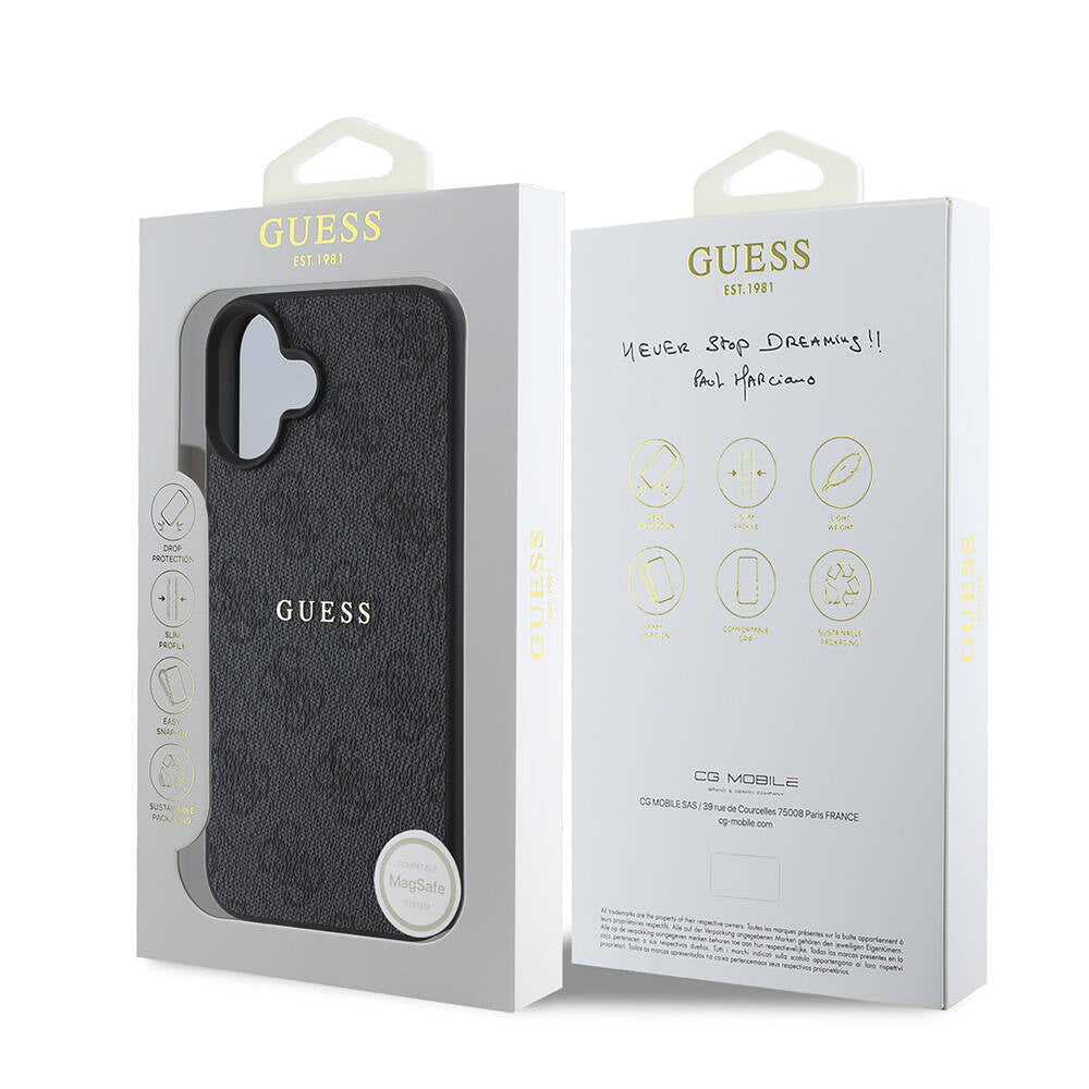 Guess iPhone 16 Kılıf Lisanslı Magsafe Şarj Özellikli 4G Desenli Yazı Logolu Telefon Kılıfı