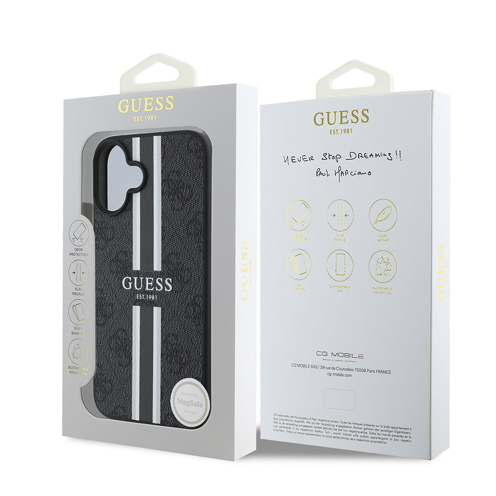 Guess iPhone 16 Orjinal Lisanslı Magsafe Şarj Özellikli 4G Şerit Tasarımlı Printed Telefon Kılıfı