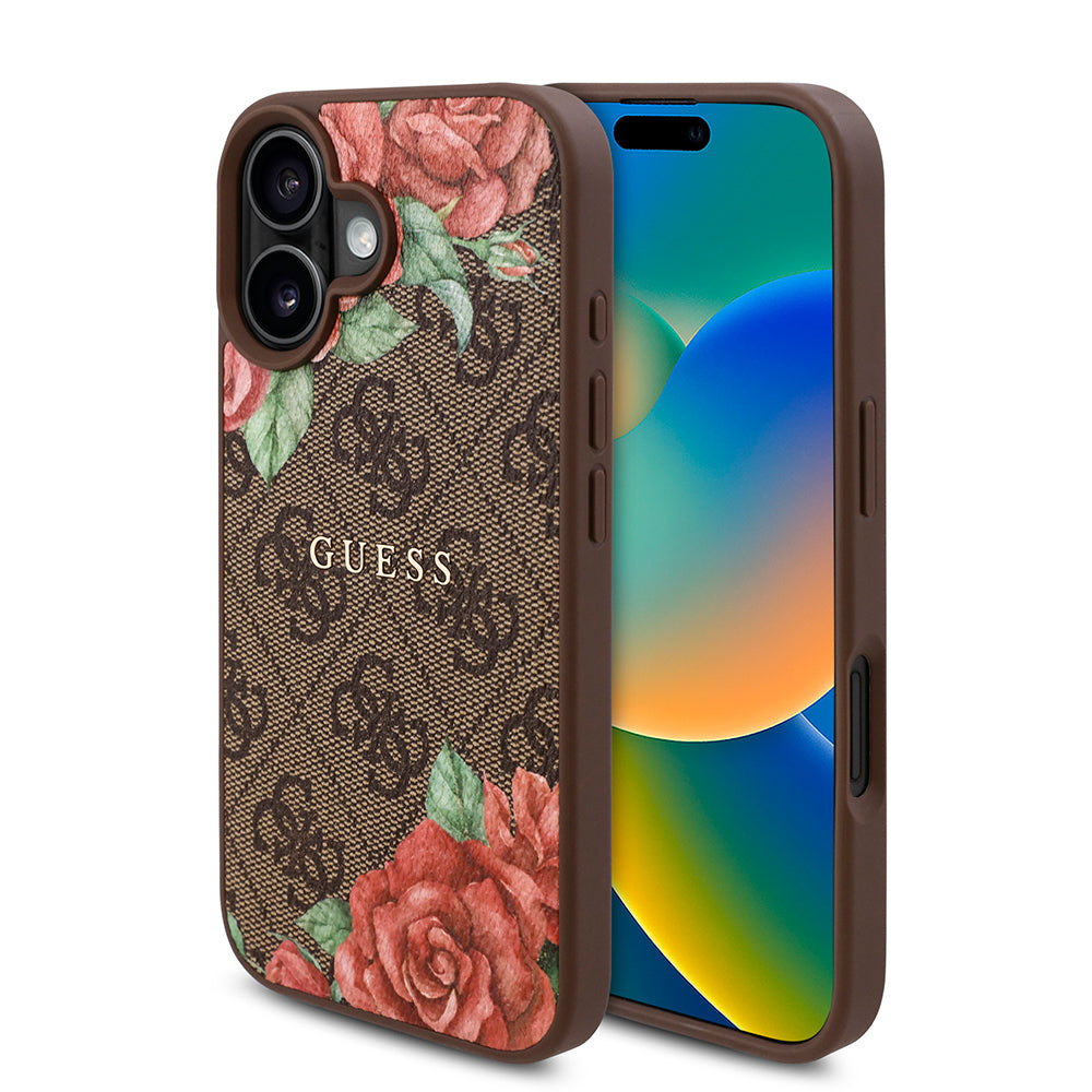 Guess iPhone 16 Orjinal Lisanslı M-safe Şarj Özellikli Gül Baskılı 4G Desenli Yazı Logolu Kılıf