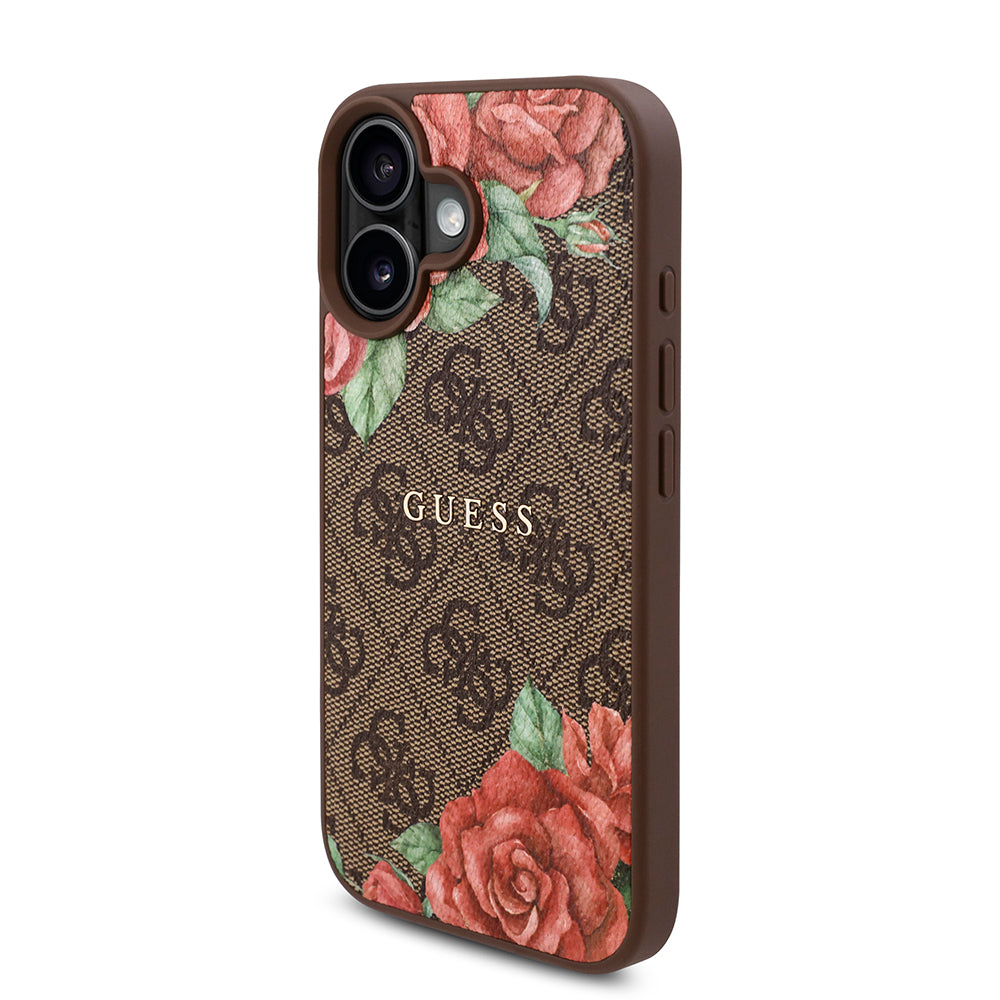 Guess iPhone 16 Orjinal Lisanslı M-safe Şarj Özellikli Gül Baskılı 4G Desenli Yazı Logolu Kılıf