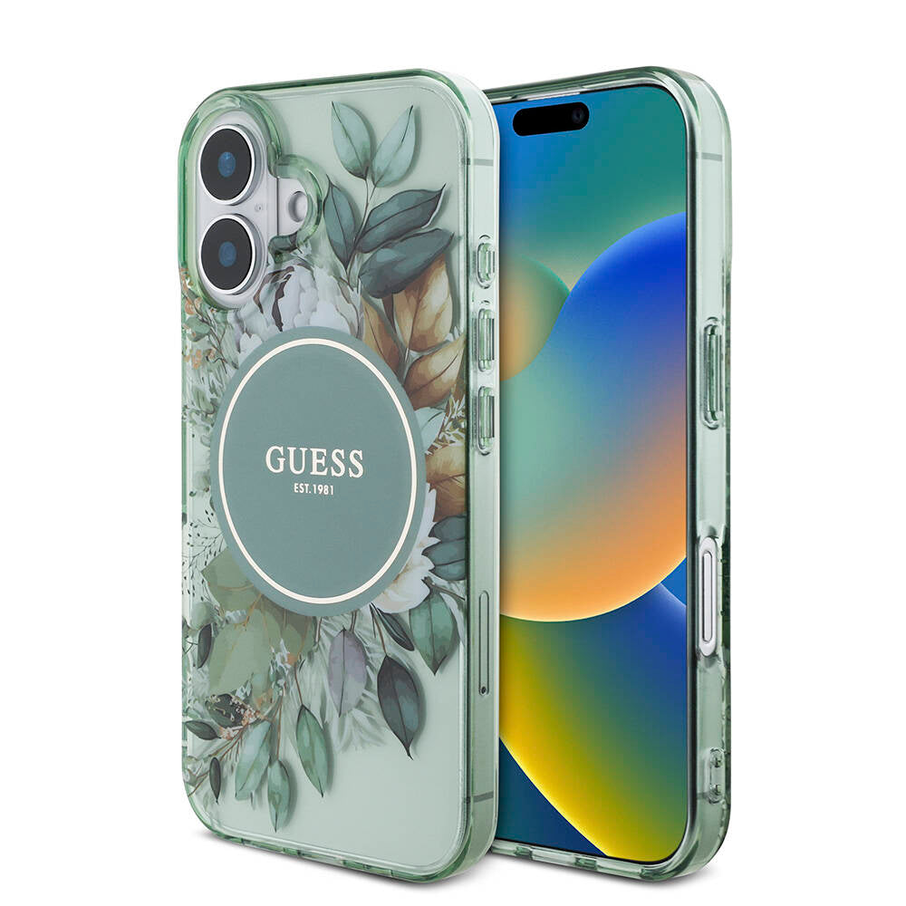 Guess iPhone 16 Orjinal Lisanslı Magsafe Şarj Özellikli IML Baskılı Çiçek İnci Bileklikli Telefon Kılıfı