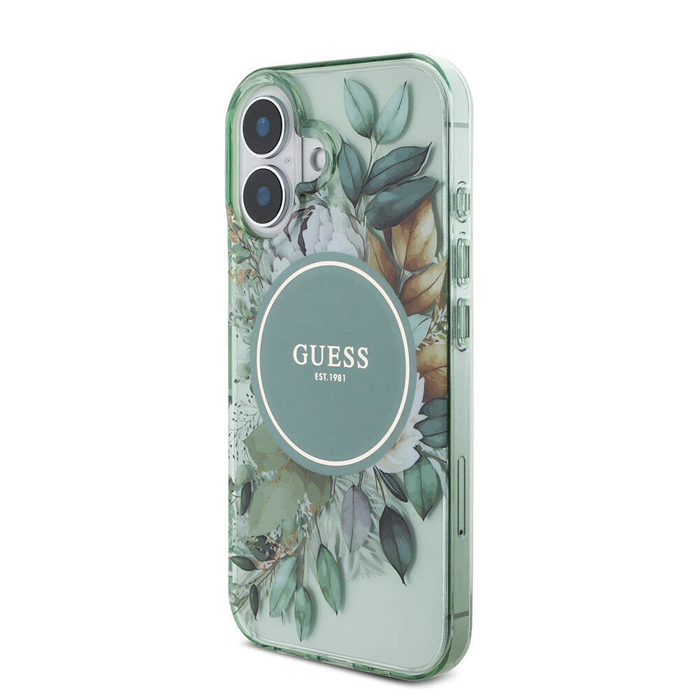 Guess iPhone 16 Orjinal Lisanslı Magsafe Şarj Özellikli IML Baskılı Çiçek İnci Bileklikli Telefon Kılıfı