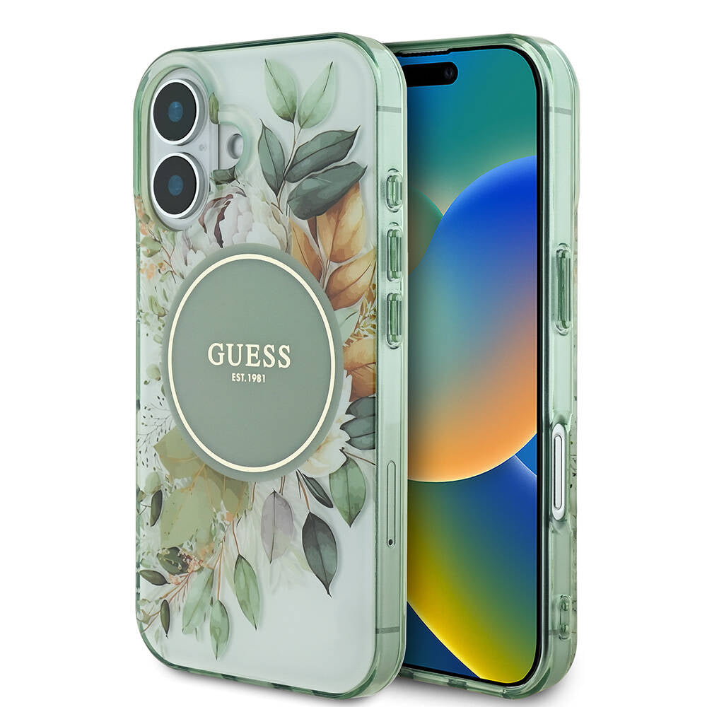 Guess iPhone 16 Orjinal Lisanslı M-safe Şarj Özellikli IML Baskılı Yazı Logolu Flower Tonal Circle Kılıf