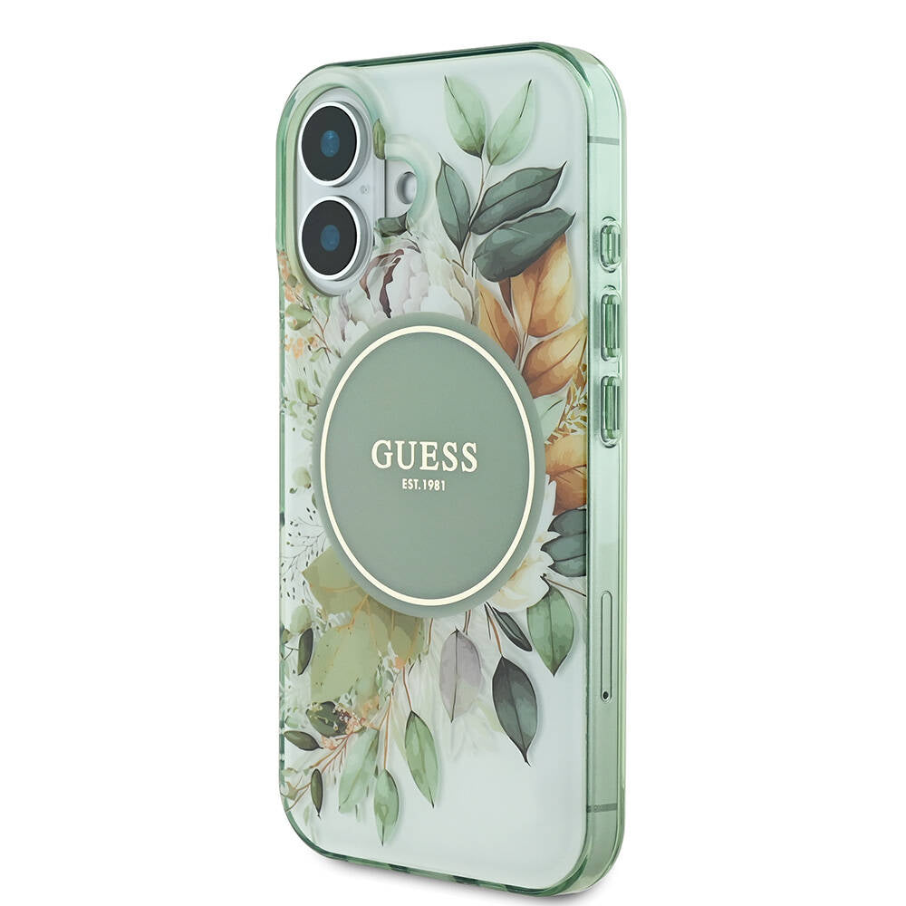 Guess iPhone 16 Orjinal Lisanslı M-safe Şarj Özellikli IML Baskılı Yazı Logolu Flower Tonal Circle Kılıf