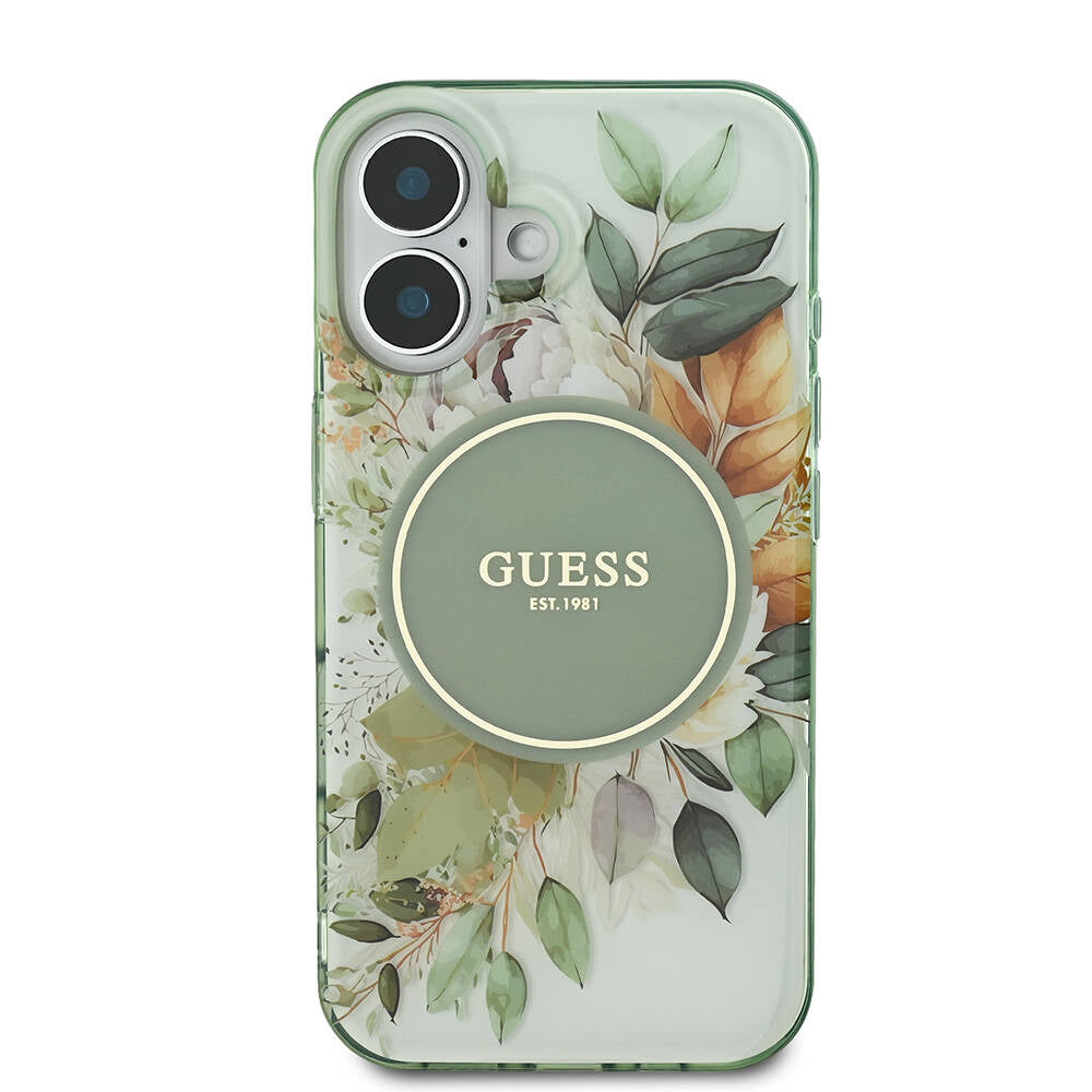 Guess iPhone 16 Orjinal Lisanslı M-safe Şarj Özellikli IML Baskılı Yazı Logolu Flower Tonal Circle Kılıf