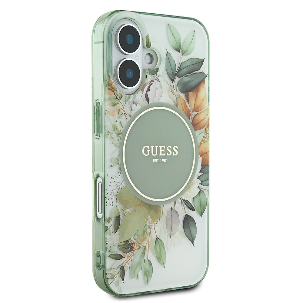 Guess iPhone 16 Orjinal Lisanslı M-safe Şarj Özellikli IML Baskılı Yazı Logolu Flower Tonal Circle Kılıf