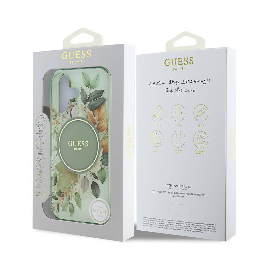 Guess iPhone 16 Orjinal Lisanslı M-safe Şarj Özellikli IML Baskılı Yazı Logolu Flower Tonal Circle Kılıf