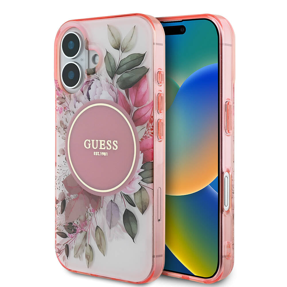Guess iPhone 16 Orjinal Lisanslı M-safe Şarj Özellikli IML Baskılı Yazı Logolu Flower Tonal Circle Kılıf