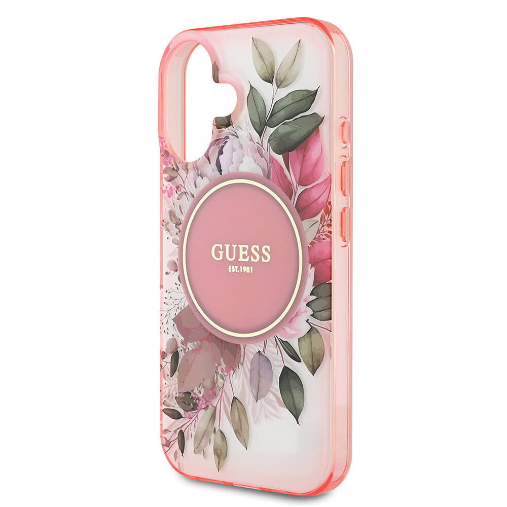 Guess iPhone 16 Orjinal Lisanslı M-safe Şarj Özellikli IML Baskılı Yazı Logolu Flower Tonal Circle Kılıf