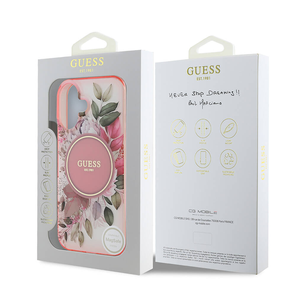 Guess iPhone 16 Orjinal Lisanslı M-safe Şarj Özellikli IML Baskılı Yazı Logolu Flower Tonal Circle Kılıf