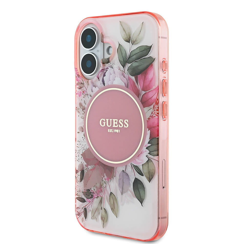 Guess iPhone 16 Orjinal Lisanslı M-safe Şarj Özellikli IML Baskılı Yazı Logolu Flower Tonal Circle Kılıf