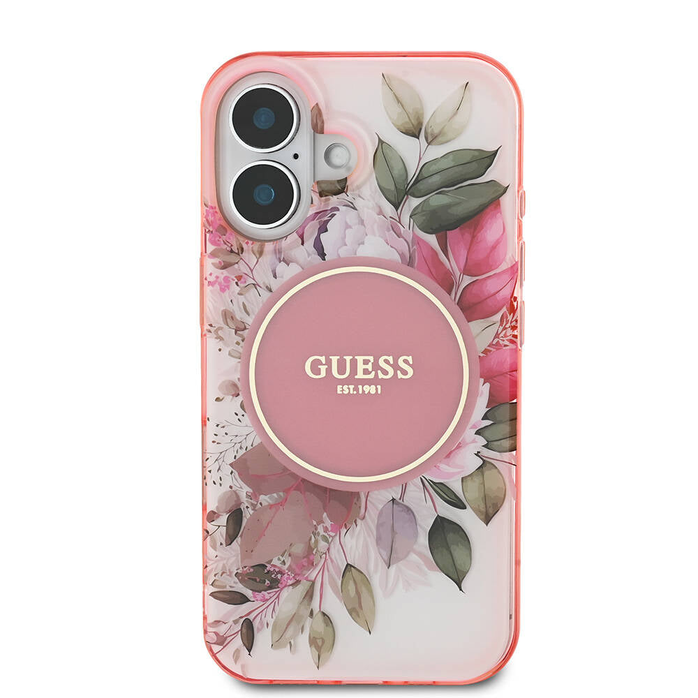 Guess iPhone 16 Orjinal Lisanslı M-safe Şarj Özellikli IML Baskılı Yazı Logolu Flower Tonal Circle Kılıf