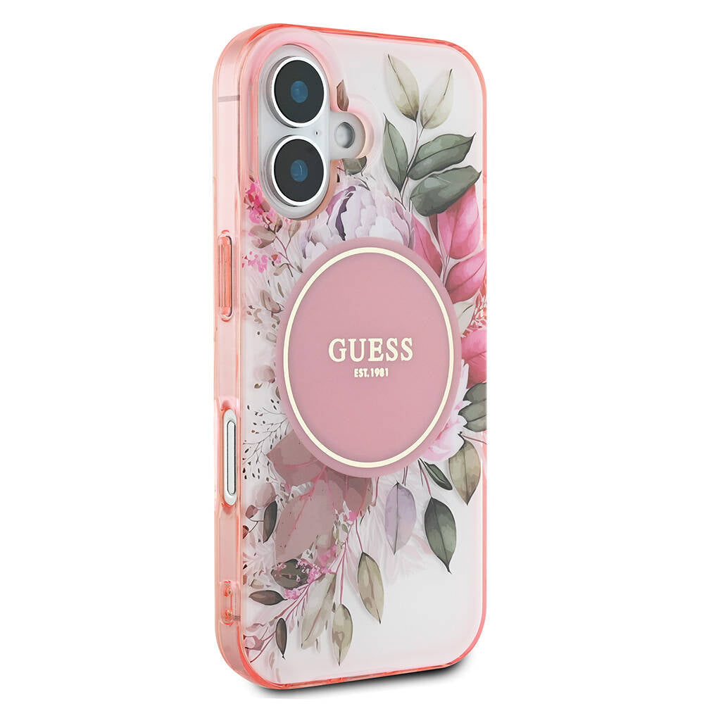 Guess iPhone 16 Orjinal Lisanslı M-safe Şarj Özellikli IML Baskılı Yazı Logolu Flower Tonal Circle Kılıf