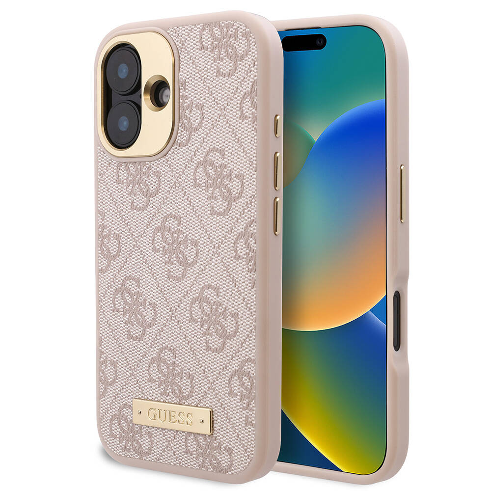 Guess iPhone 16 Orjinal Lisanslı Magsafe Şarj Özellikli PU 4G Desenli Metal Plaka Klasik Logolu Telefon Kılıfı - 1
