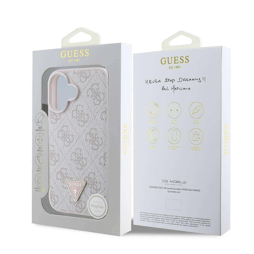 Guess iPhone 16 Orjinal Lisanslı Magsafe Şarj Özellikli PU Deri 4G Desenli Taşlı Üçgen Logolu Telefon Kılıfı