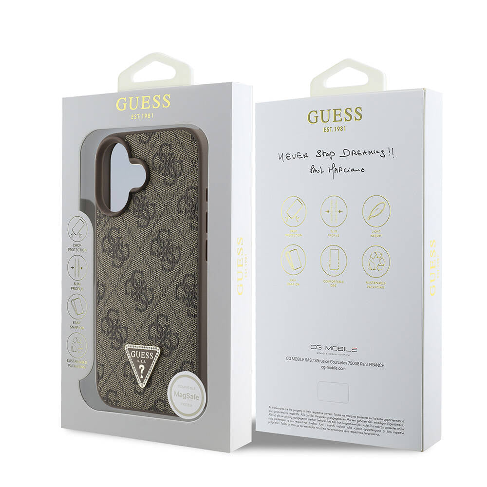 Guess iPhone 16 Orjinal Lisanslı Magsafe Şarj Özellikli PU Deri 4G Desenli Taşlı Üçgen Logolu Telefon Kılıfı