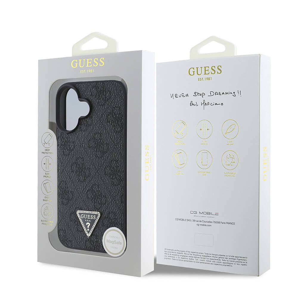 Guess iPhone 16 Orjinal Lisanslı Magsafe Şarj Özellikli PU Deri 4G Desenli Taşlı Üçgen Logolu Telefon Kılıfı