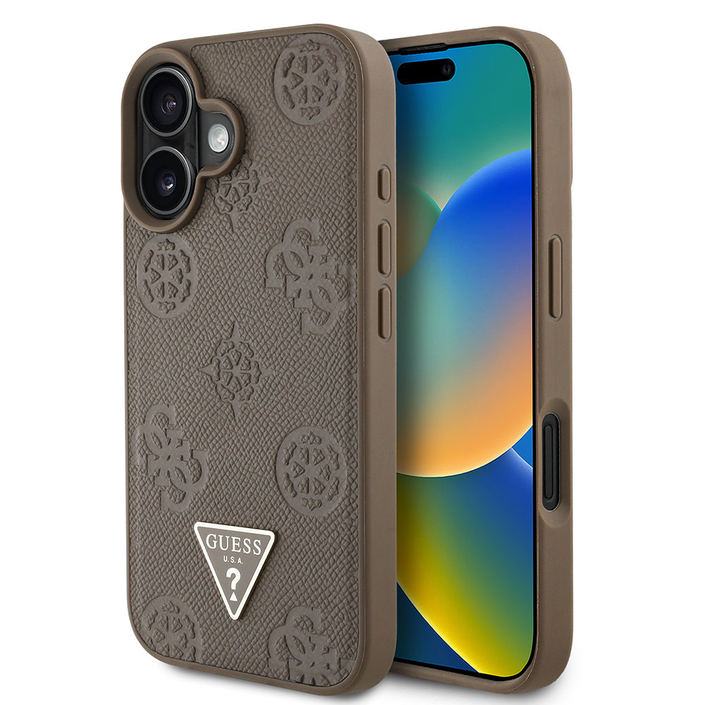 Guess iPhone 16 Orjinal Lisanslı M-safe Şarj Özellikli Sıcak Baskılı Üçgen Logolu PU Deri Peony Kılıf