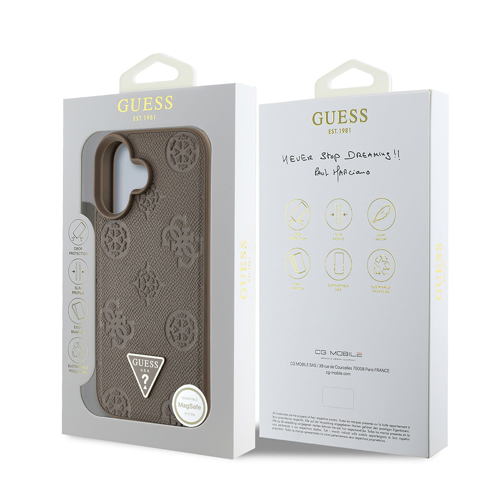 Guess iPhone 16 Orjinal Lisanslı M-safe Şarj Özellikli Sıcak Baskılı Üçgen Logolu PU Deri Peony Kılıf