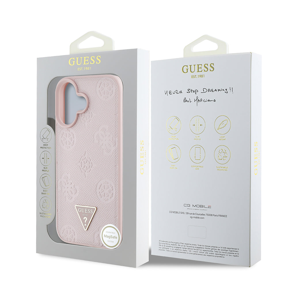 Guess iPhone 16 Orjinal Lisanslı M-safe Şarj Özellikli Sıcak Baskılı Üçgen Logolu PU Deri Peony Kılıf